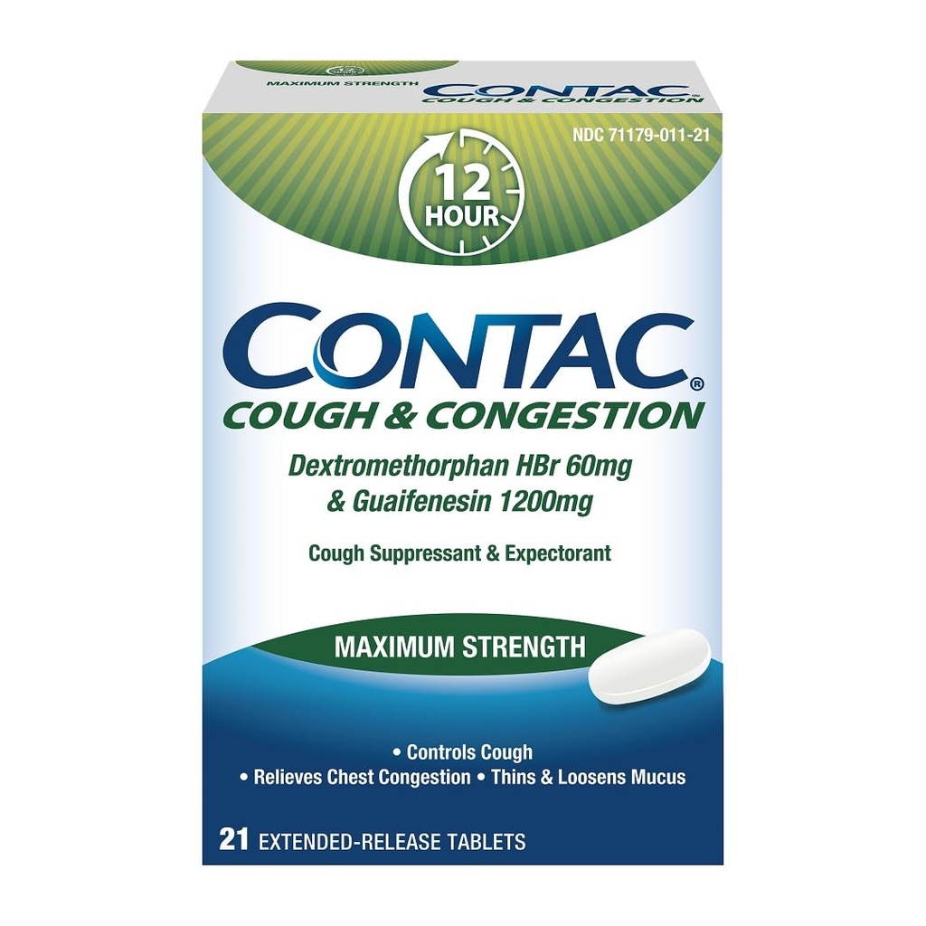 Contac Cough Suppressant and Expectorant, Max Strength Controls Cough, Thins And Loosens Mucus, Guaifenesin & Dextromethorphan HBr, Congestion Relief for Adults, Extended Release Tablets, 21 Count