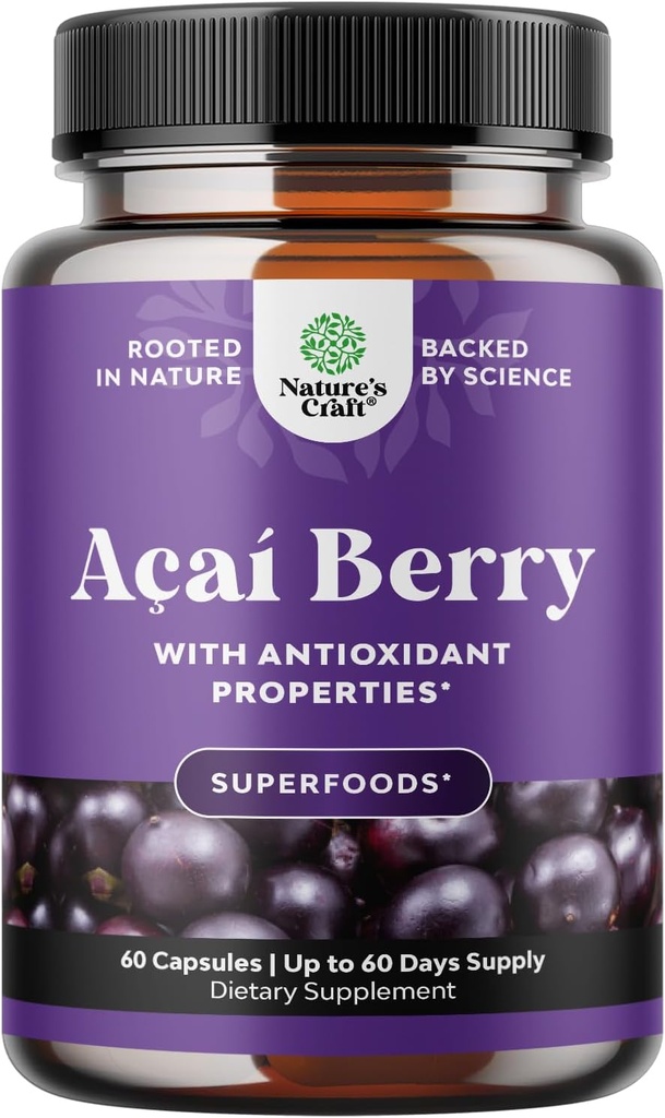 Natures Craft Acai Berry Antioxidant Support Weight Loss Supplement for Women and Men - Vitamins Minerals Antioxidant Formula Supports Immune System and Boost Energy Cognitive Health - 60 Servings
