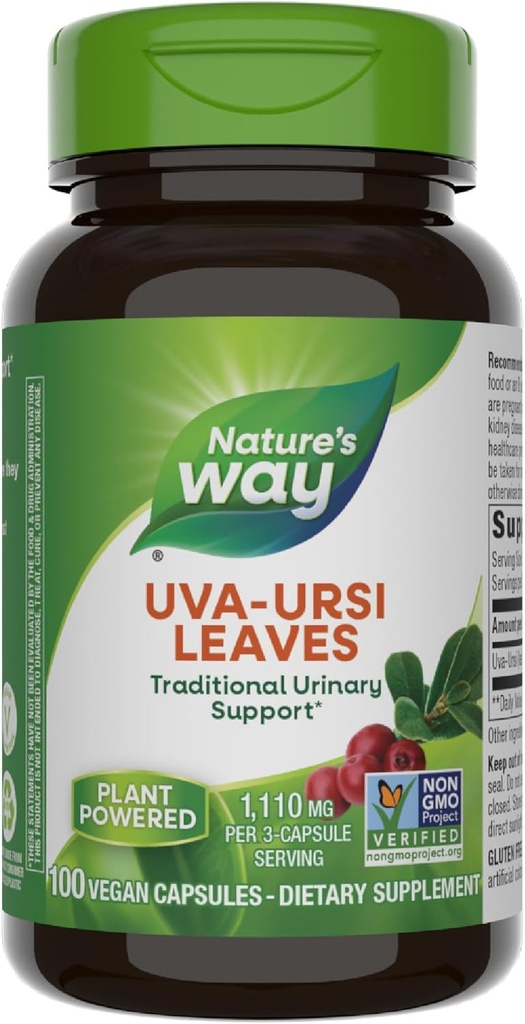 Nature's Way Uva Ursi Leaves, Traditional Urinary Support*, 1,110 mg per 3-Capsule Serving, Non-GMO Project Verified, Herbal Dietary Supplement, Gluten Free, 100 Vegan Capsules (Packaging May Vary)