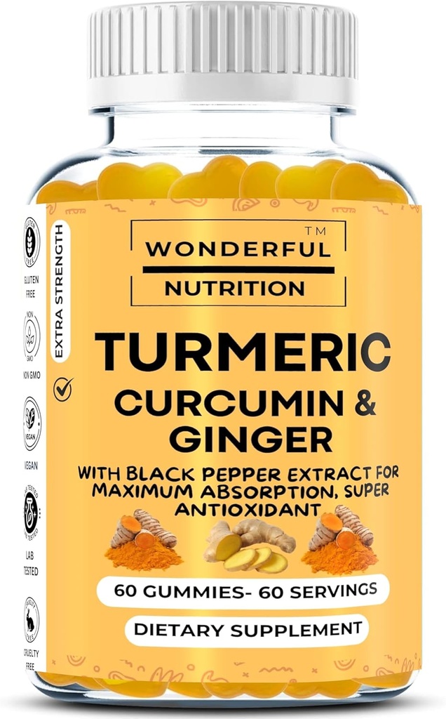 Αυξήστε το ταξίδι ευεξίας σας Turmeric, Curcumin, και Ginger Gummies: Ένα συμπλήρωμα Superfood εμπλουτισμένο με εκχύλισμα μαύρου πιπεριού - 60 Gummies