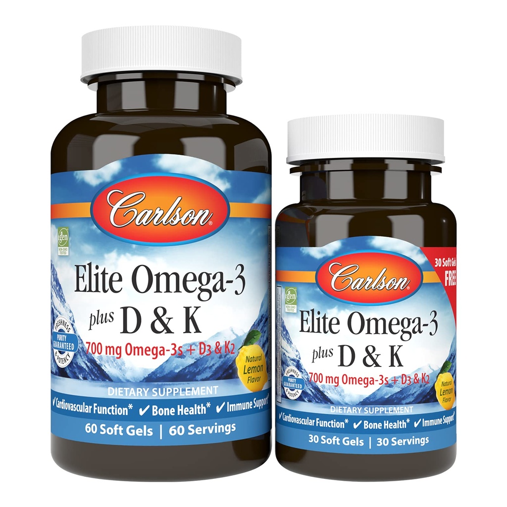 Carlson - Elite Omega-3 Plus D & K, 700 mg Omega-3s + D3 & K2, Λειτουργία, Υγεία των οστών & Ανοσολογική Υποστήριξη, Λεμόνι, 60+30 Softgel