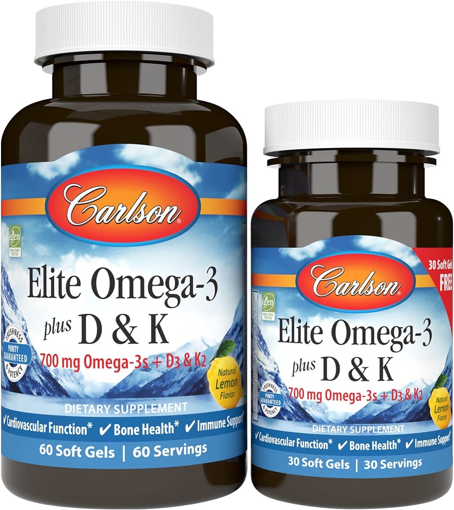 Carlson - Elite Omega-3 Plus D & K, 700 mg Omega-3s + D3 & K2, Function, Bone Health & Immune Support, Lemon, 60+30 Softgel