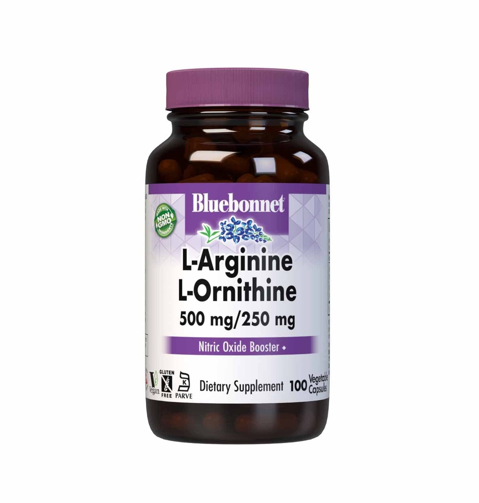 Bluebonnet Διατροφή L-αργινίνη 500mg/L-Ορινιθίνη 250mg, Υποστηρίζει τον μεταβολισμό πρωτεϊνών *, χωρίς σόγια, χωρίς γλουτένη, μη ΓΤΟ, Kosher Certified, Vegan, 100 κάψουλες λαχανικών