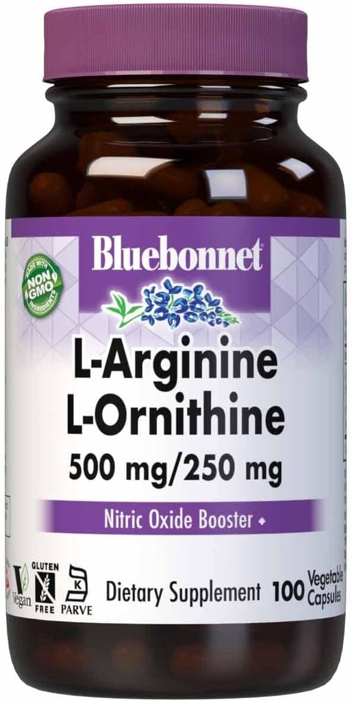 Bluebonnet Nutrition L-Arginine 500mg/L-Orinithine 250mg, Supports Protein Metabolism*, Soy-Free, Gluten-Free, Non-GMO, Kosher Certified, Vegan, 100 Vegetable Capsules