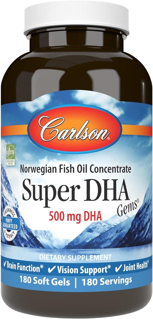 Carlson - Super DHA Gems, 500 mg DHA Συμπληρώματα, 640 mg Λιπαρά Οξέα, Wild-Caught Norwegian Arctic Omega 3 Fish Oil Supplement, Sustainablely Soured Fish Oil Capsules, 180 Softgels