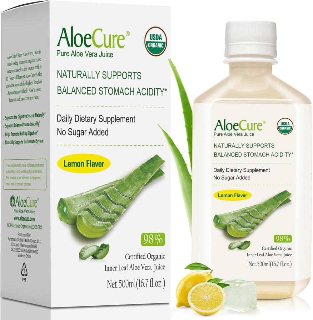 AloeCure USDA Organic Aloe Vera Juice Lemon Flavor - Κατασκευάζεται μέσα σε 12 ώρες από τη συγκομιδή - Φυσικό συμπλήρωμα πέψης για την ισορροπημένη οξύτητα στομάχου - Υποστήριξη Digestive και ανοσοποιητική υγεία - 1 Btl x 16.7oz