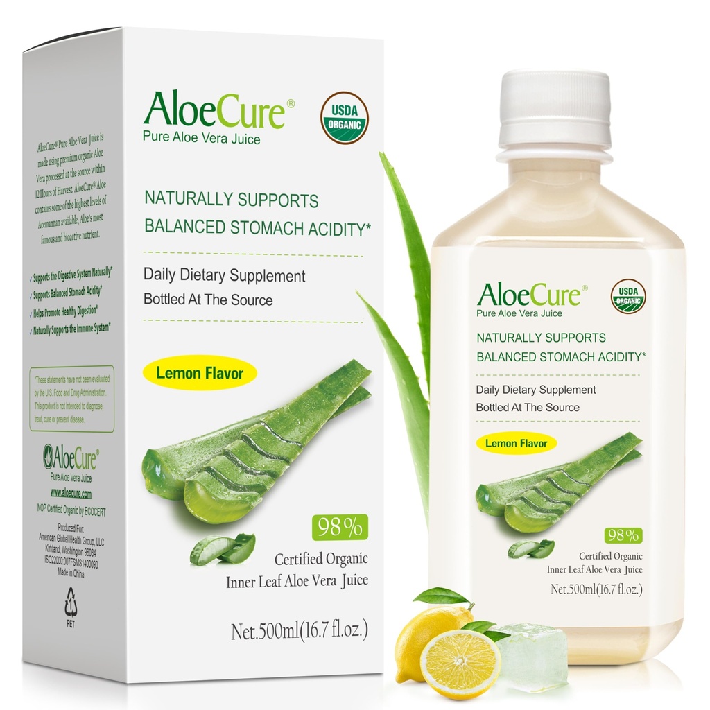 AloeCure USDA Organic Aloe Vera Juice Lemon Flavor - Κατασκευάζεται μέσα σε 12 ώρες από τη συγκομιδή - Φυσικό συμπλήρωμα πέψης για την ισορροπημένη οξύτητα στομάχου - Υποστήριξη Digestive και ανοσοποιητική υγεία - 1 Btl x 16.7oz
