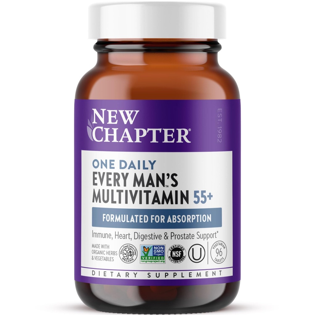 New Chapter Men’s Multivitamin 55+, Extra B6 & B12, D3, Astaxanthin, Vitamin C & Zinc, Immune, Heart, Cellular Energy, and Brain Health, Gentle on The Stomach, One Daily, Non-GMO, 96 Tablets