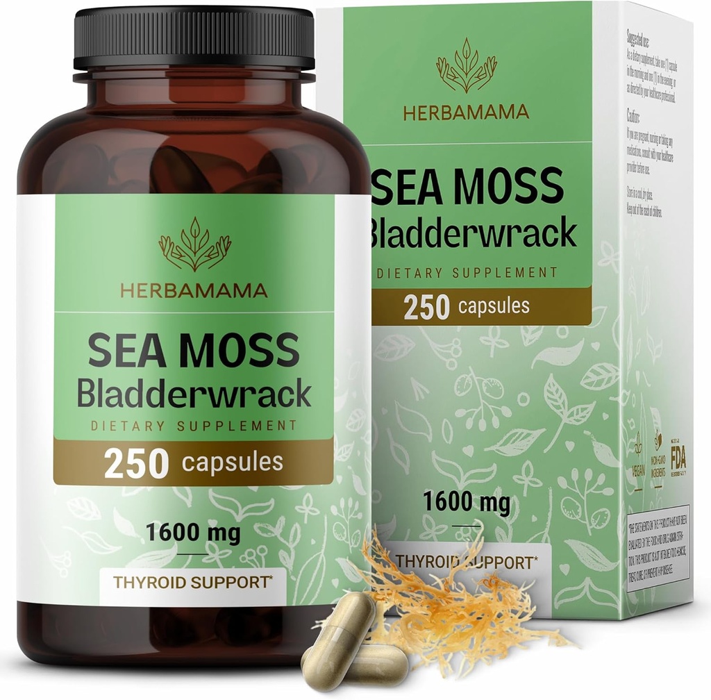 HERBAMAMA Irish Sea Moss Κάψουλες - 1600mg Sea Moss και Bladderwrack για την υποστήριξη του ανοσοποιητικού - Vegan, συμπλήρωμα ασυλίας μη ΓΤΟ για τη συνολική υποστήριξη