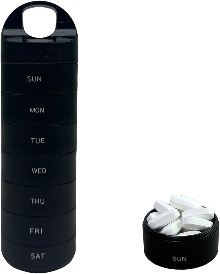 Black Plastic Weekly Pill Organizer - Smart Medicine Pill Organizer Travel - Αδιάβροχο, BPA-Free 7 Day Medicine Container - Κάτοχος Χάπια για Βιταμίνες & Φάρμακα