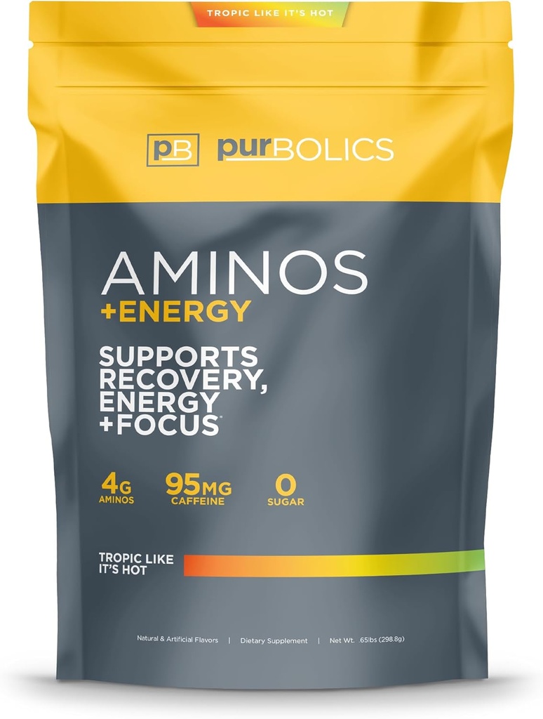 Purbolics Aminos + Energy | Supports Recovery, Energy & Focus | 95mg of Caffeine, 0 Sugar & 60 Servings (Tropic Like It's Hot)