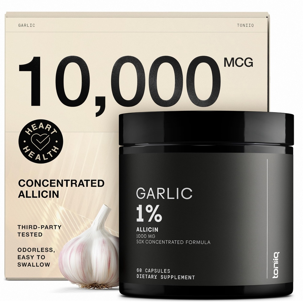 Toniiq Garlic Capsules with 10,000mcg Allicin - Odorless - 50:1 Extract for Maximum Potency - Third-Party Lab Tested - 60 Vegetarian Capsules