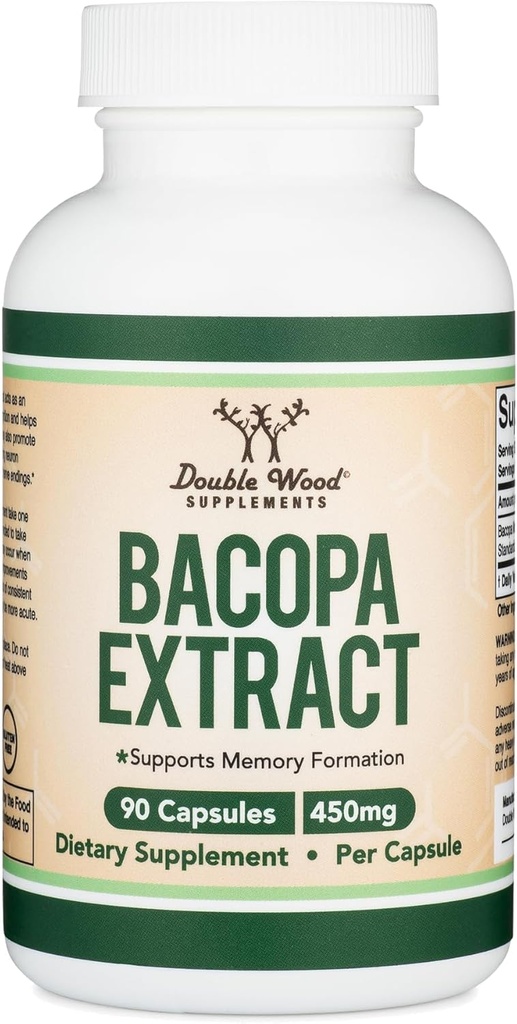 Bacopa Monnieri Κάψουλες 20% Bacosides 450mg, 90 Count (Non-GMO, Gluten Free) εκχύλισμα Brahmi (Συμπλήρωμα μνήμης για την υγεία του εγκεφάλου, εστίαση, και γνωστική λειτουργία) από διπλό ξύλο