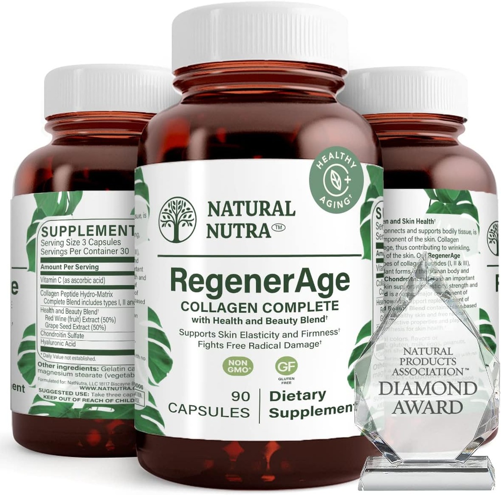 Natural Nutra RegenerAge Complete Supplement for Skin Health with Protein Peptides, Reduce Stretch Marks, Συμβάλλει στη συνολική υγεία, βιταμίνη C, εκχύλισμα ερυθρού κρασιού σπόρων σταφυλιών, χωρίς γλουτένη, 90 κάψουλες.