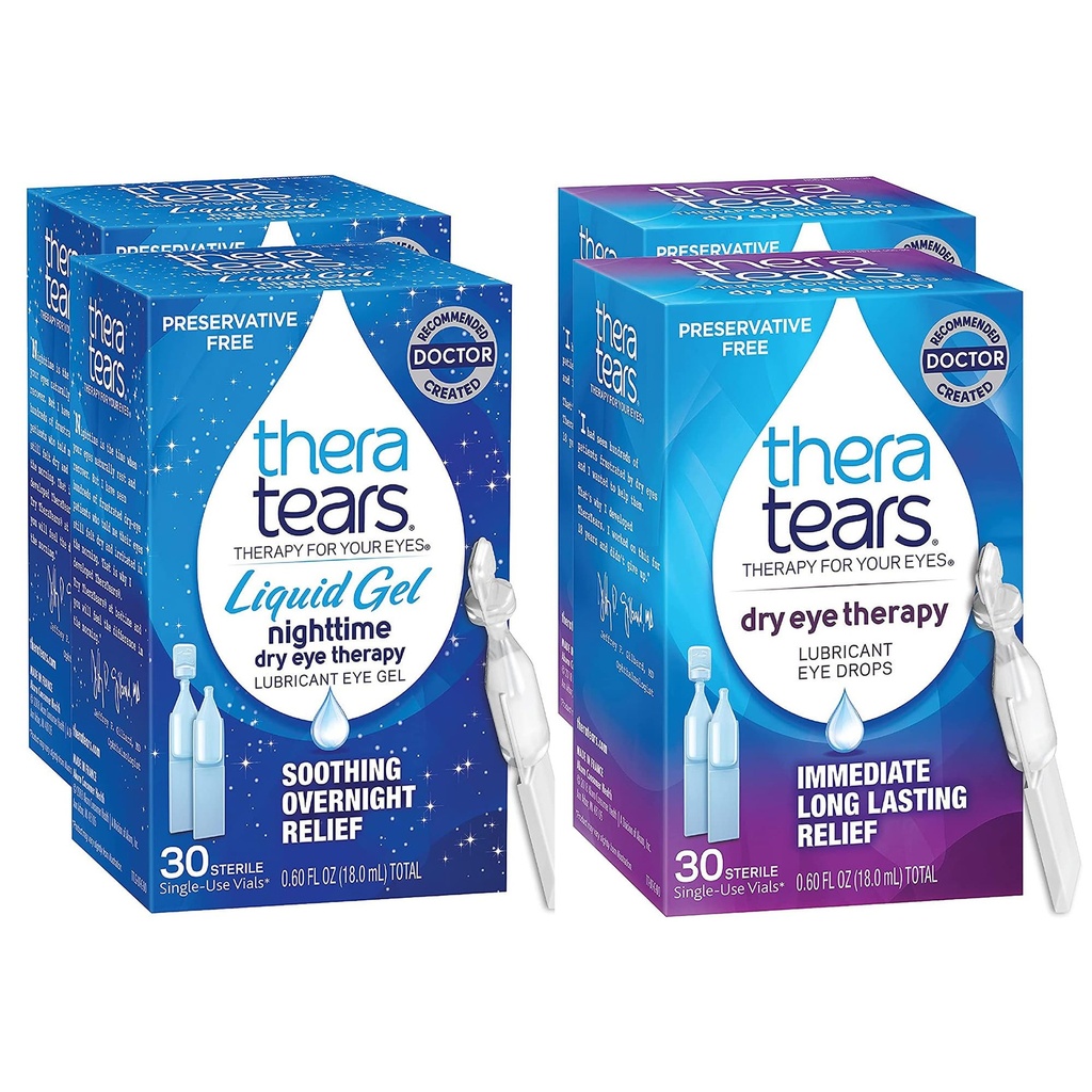 TheraTears Nighttime Therapy Lubricant Eyedrops for Dry Eyes, Preservative Free, Single-Use Vials, Clear, 60 Count, 0.6 Fl Oz with TheraTears Eye Drops for Dry Eyes, 60 Count Single-Use Vials