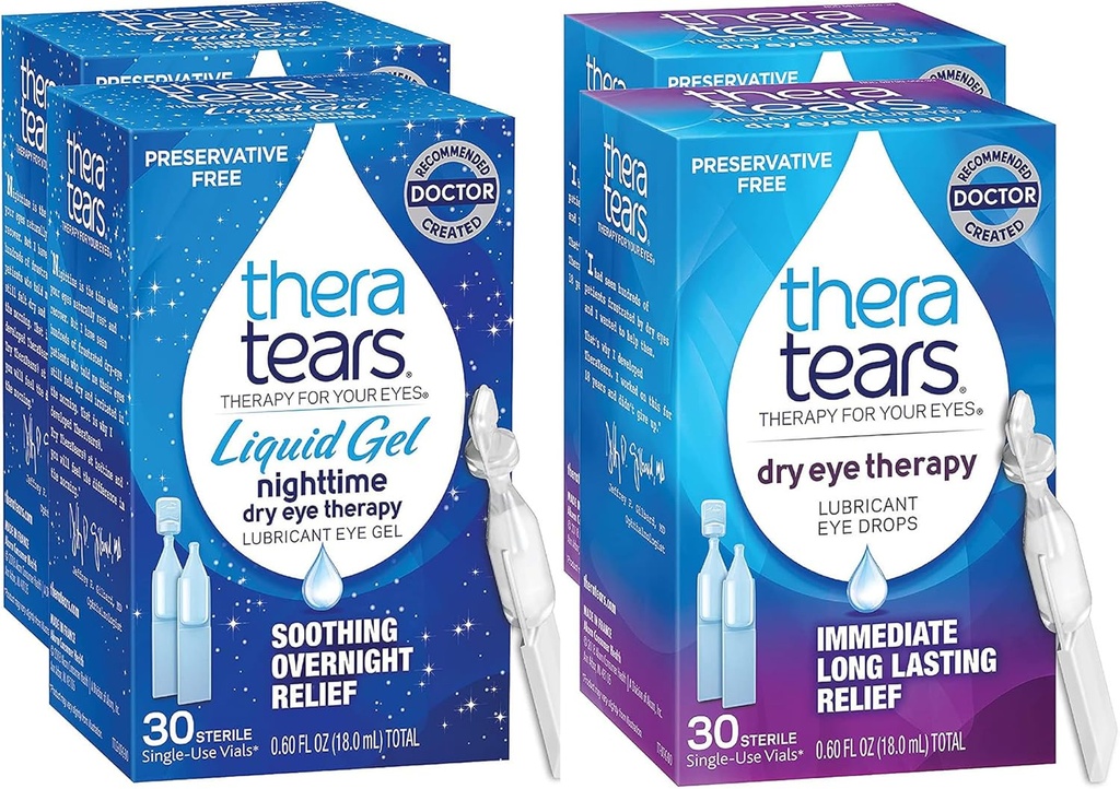 TheraTears Nighttime Therapy Lubricant Eyedrops for Dry Eyes, Preservative Free, Single-Use Vials, Clear, 60 Count, 0.6 Fl Oz with TheraTears Eye Drops for Dry Eyes, 60 Count Single-Use Vials