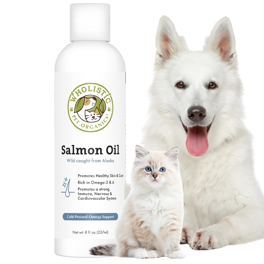 Wholistic Organics Pet Salmon Oil: Βαθιά Θάλασσα Άγριο Λάδι Σολομός Αλάσκας για σκύλους και γάτες - Φυσικό Ωμέγα 3 συμπλήρωμα ιχθυέλαιο σκύλου με EPA και DHA για το δέρμα, το παλτό, την καρδιά και το νευρικό σύστημα Υγεία
