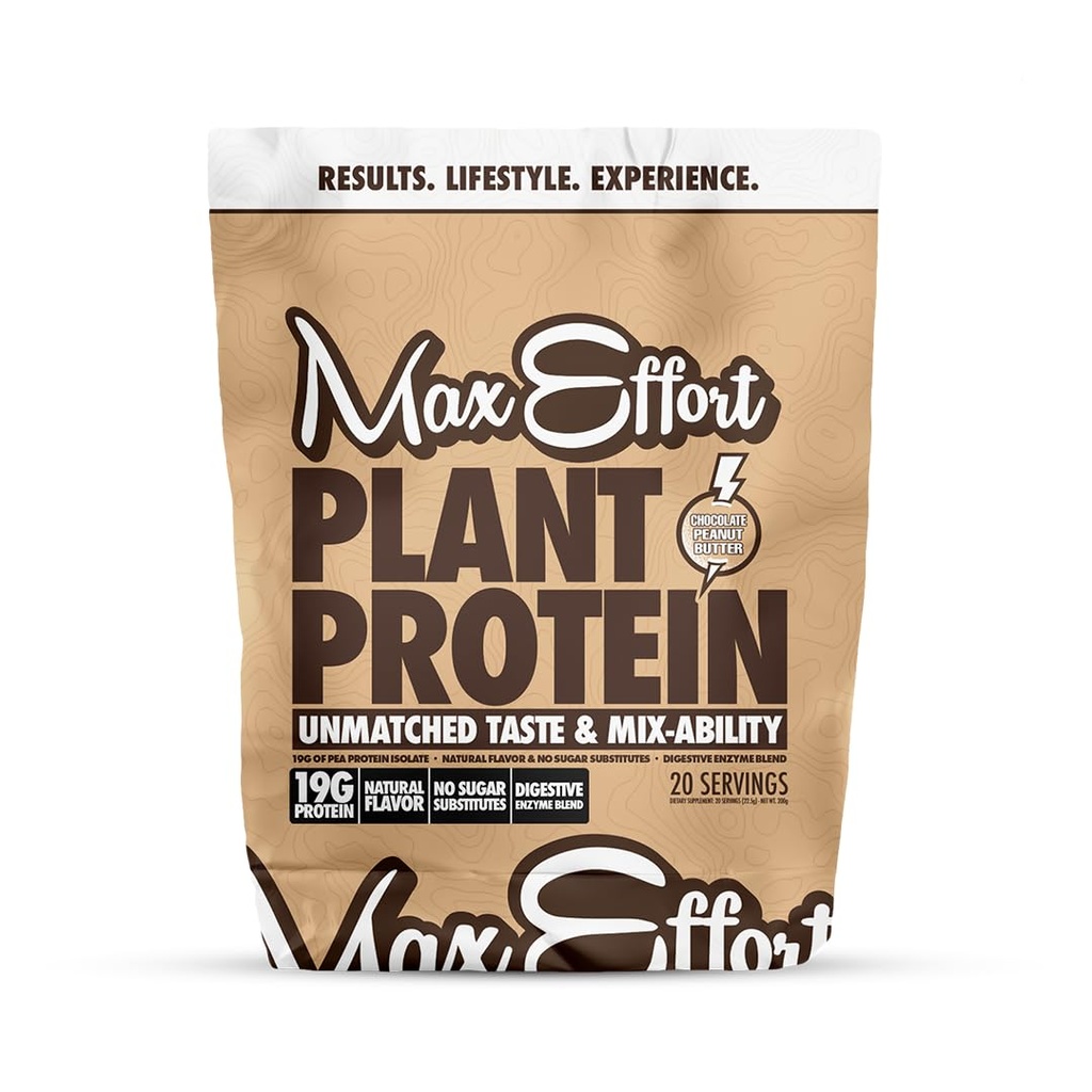 MAX EFFORT Πρωτεΐνες φυτών σκόνη, 19 G Πρωτεΐνη Pea, Φυτικές με βάση, Χωρίς γλουτένη, Χαμηλό Καρβίδιο, Ανακινήστε Πρωτεΐνη ή Smoothie Mix, Αντικατάσταση γεύματος, Χωρίς Ορός γάλακτος, Χωρίς υποκατάστατα ζάχαρης, Σοκολάτα Φυστικοβούτυρο, 20 Srvg