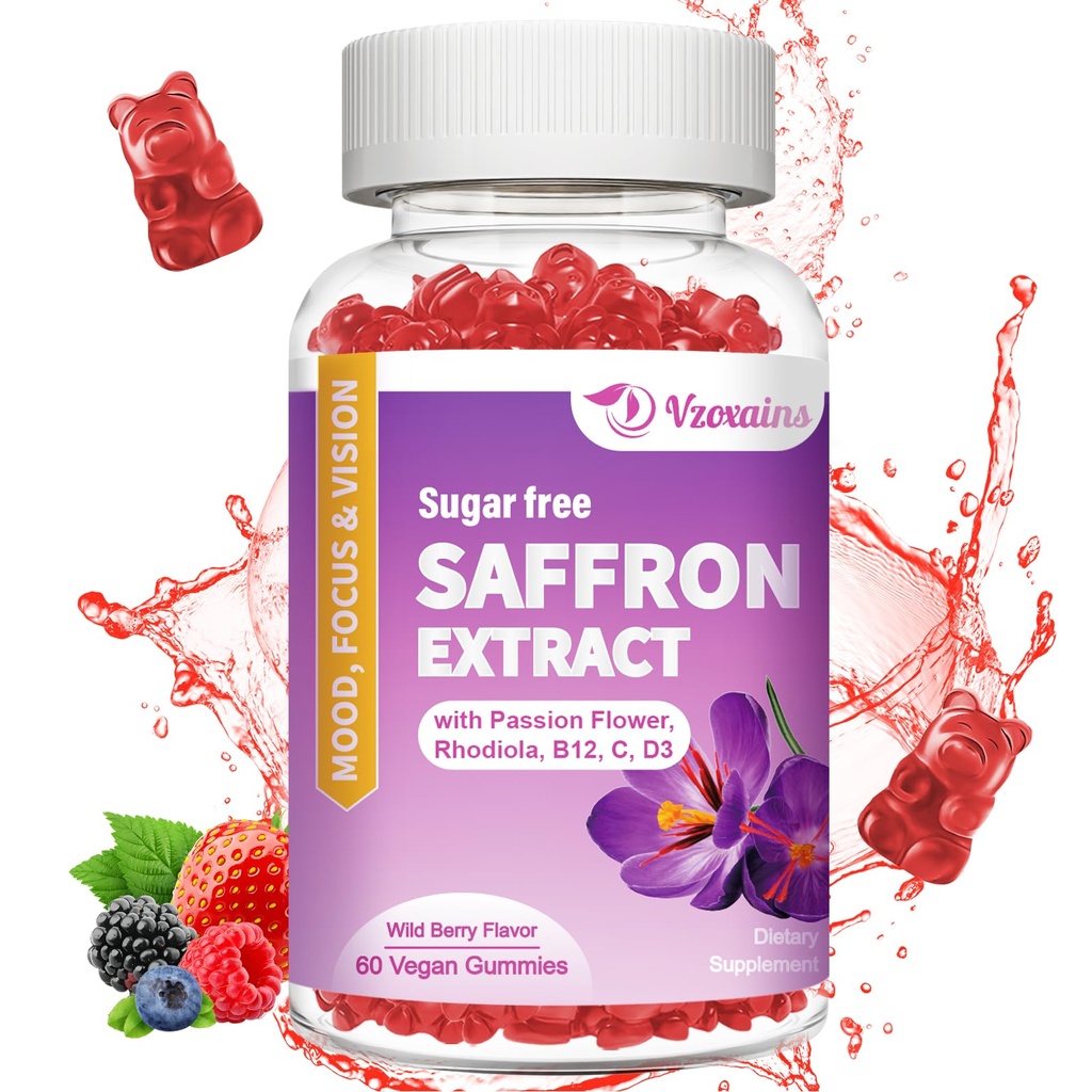 Γκάμια σαφράν, 10 σε 1 Συμπληρώματα σαφράν Gummies με μαγνήσιο, Ashwagandha & Rhodiola Rosea, ζάχαρη χωρίς Vegan μικτή γεύση μούρου - 60Cts