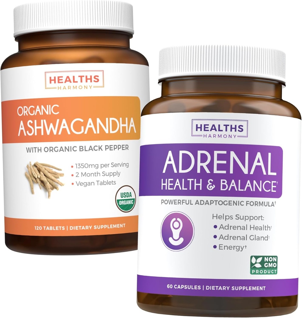 Bundle of Adrenal Support & Organic Ashwagandha - Ashwa-Adrenal Harmony - Adrenal Support & Cortisol Manager (Non-GMO) & Organic Ashwagandha Root Powder 1350mg Serve (120 Tablets)
