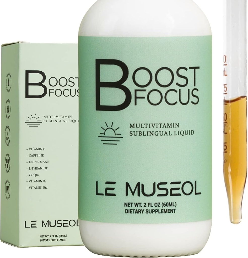 USA-Made Lions Mane Boost Focus Πολυβιταμίνη Υπογλώσσιο Υγρό: Συμπλήρωμα ουσιαστικής ενέργειας με βιταμίνη B3, B12, CoQ10, L Θεανίνη και καφεΐνη για μέγιστη εστίαση