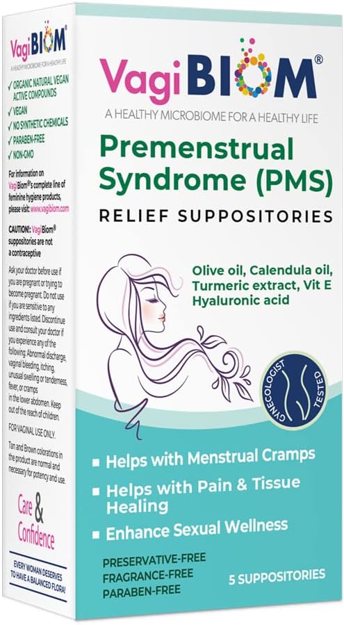 VagiBiom Menstrual Relief Suppositories (5 Υποθήκες) με Calendula Oil, Cocoa Butter, Turmeric και VIT E που βοηθά με την περίοδο Cramp, Mood Swings. Θεραπεύοντας ιστούς. USA Made, Vegan, χωρίς ορμονές