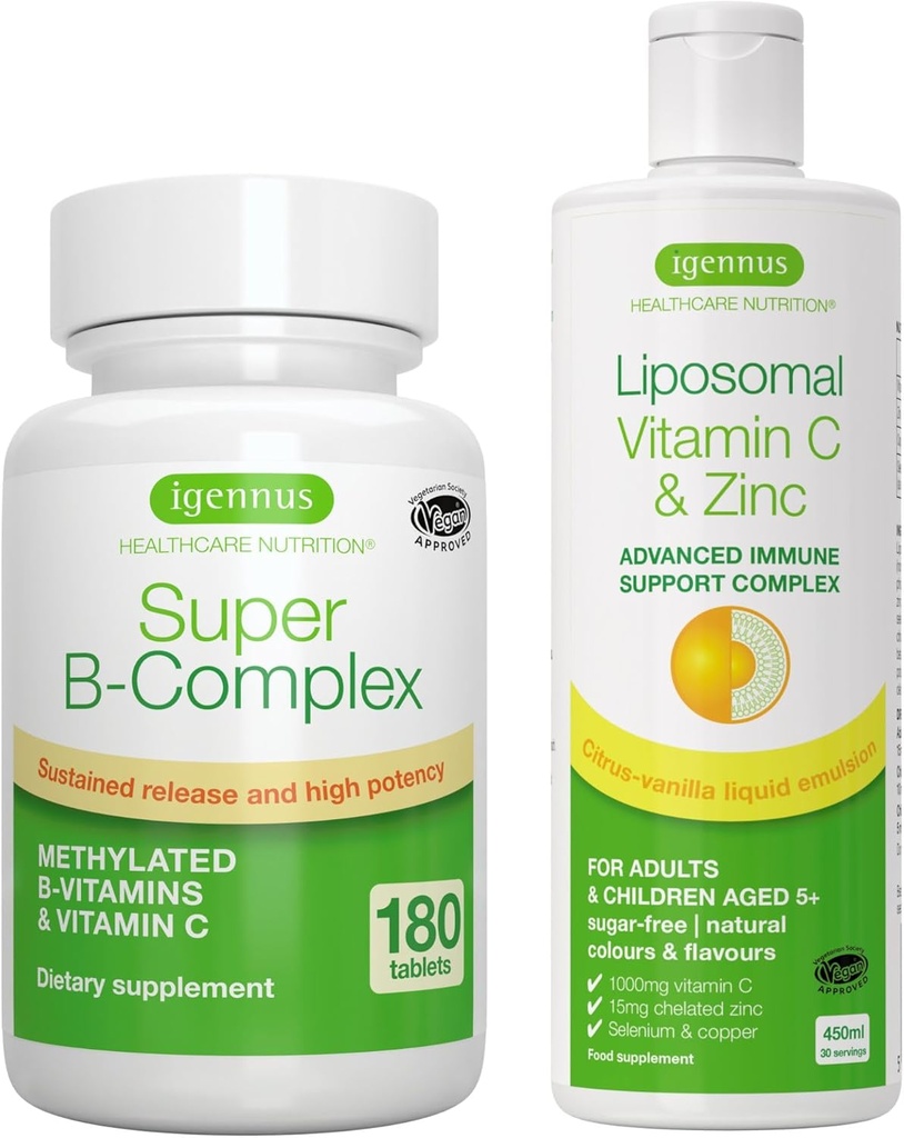 Super B-Complex + Liposomal Vitamin C 1000mg & Zinc Vegan Bundle, Methylated Content Release B Complex & Υψηλή Απορρόφηση Liquid Immune Support Complex, by Igenus