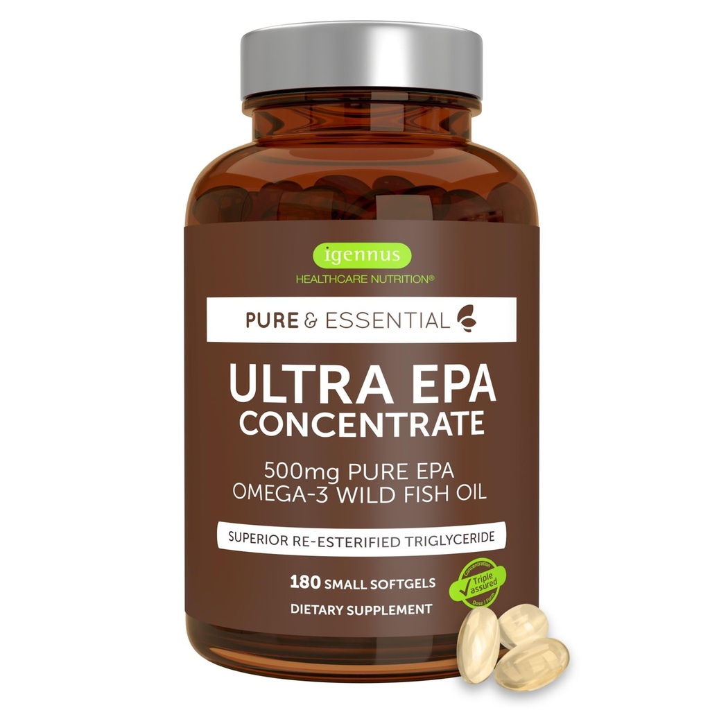 Igennus Ultra Pure Omega-3 EPA 500mg, εξαιρετικά συμπυκνωμένο IFOS Certified Wild Fish Oil, Advanced rTG Trigeride Form, Non-GMO, 180 Small Softgels