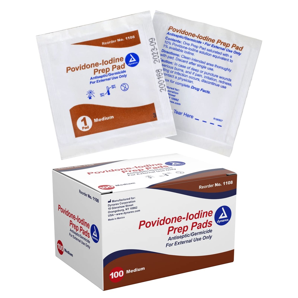 Dynarex Povidone-Iodine Prep Pads, Κορεσμένα με Povidone Iodine 10%, Ιατρικά-Γκραδο-αντισηπτικά μαντηλάκια που χρησιμοποιούνται για την προετοιμασία προηγούμενων μικροδιαδικασιών, Medium, 1 περίπτωση 100 Prep Pads
