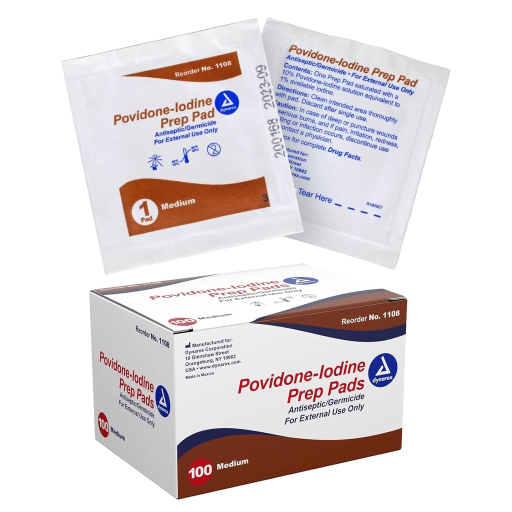 Dynarex Povidone-Iodine Prep Pads, Κορεσμένα με Povidone Iodine 10%, Ιατρικά-Γκραδο-αντισηπτικά μαντηλάκια που χρησιμοποιούνται για την προετοιμασία προηγούμενων μικροδιαδικασιών, Medium, 1 περίπτωση 100 Prep Pads