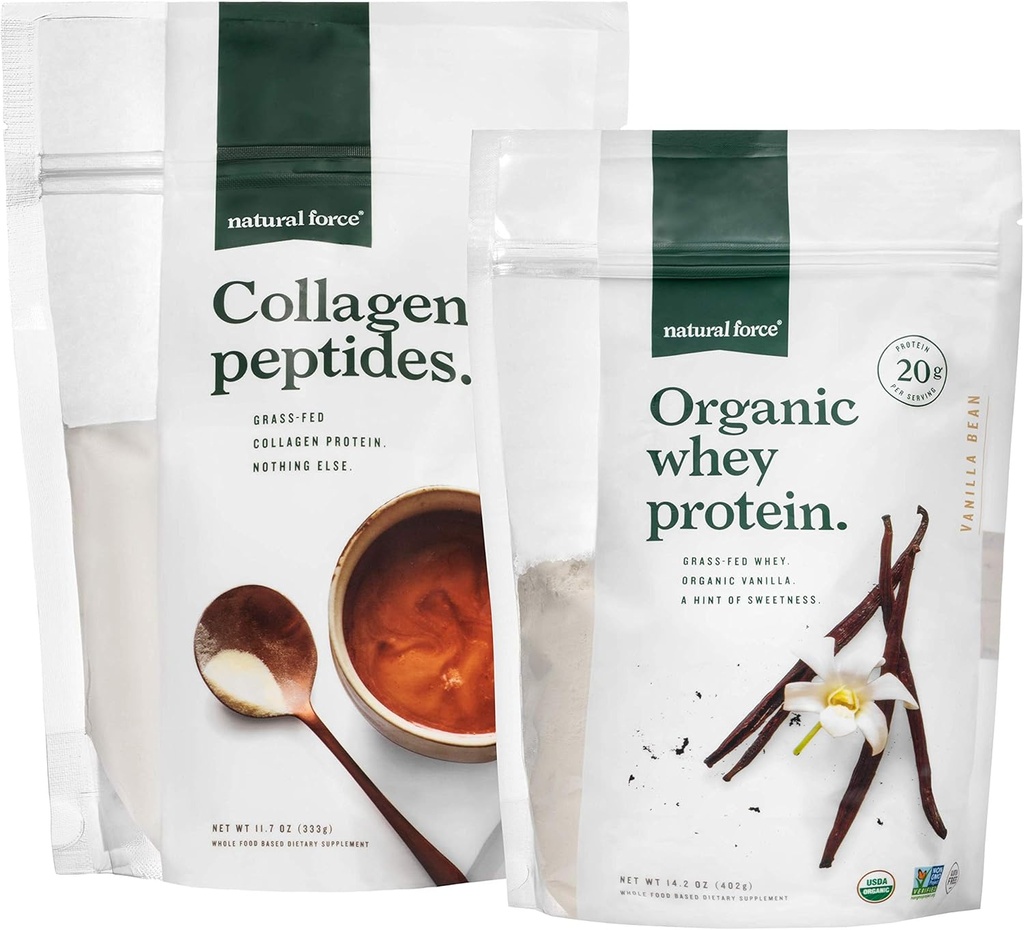 Φυσική δύναμη καθαρό, χόρτο Fed Collagen Peptides + Βανίλια οργανική πρωτεΐνη Whey Bundle – οργανική, μη GMO πρωτεΐνη Whey & υδρολυμένη τύπου I και III Collagen – 14.3 τσάντα ουγγιά και 11.7 τσάντα ουγγιάς
