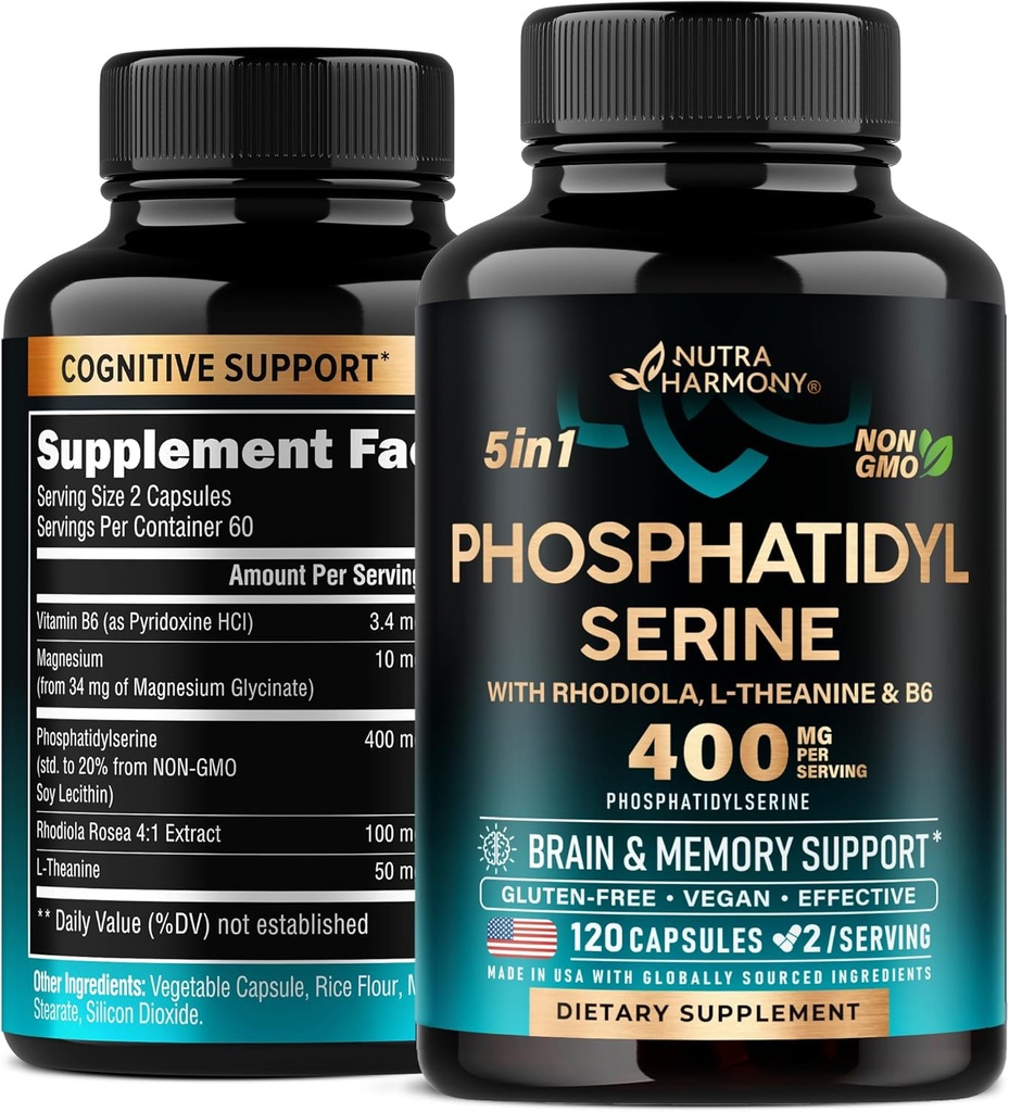 Phosphatidylserine 400 mg με L-Θεανίνη, Μαγνήσιο & Βιταμίνη B6, Rhodiola Rosea - Brain, Memory & Focus Support - Certified Non-GMO, Φυσικά Παράγωγα & Βιοδιαθέσιμα - Made in USA - 120 Сapsules