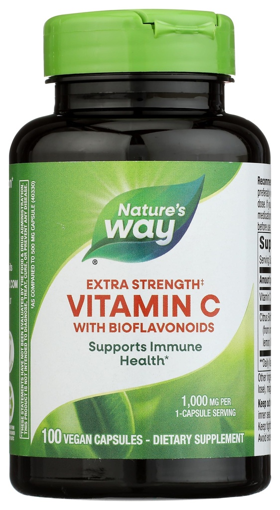 Nature's Way Extra Strength(1) Βιταμίνη C με Βιοφλαβονοειδή, Υποστηρίζει την Ανοσολογική Υγεία*, Προάγει την Παραγωγή Κολλαγόνου για Υγιές Δέρμα *, 1.000 mg ανά Καψάκιο, 100 Κάψουλες Vegan (Packaging May Vary)