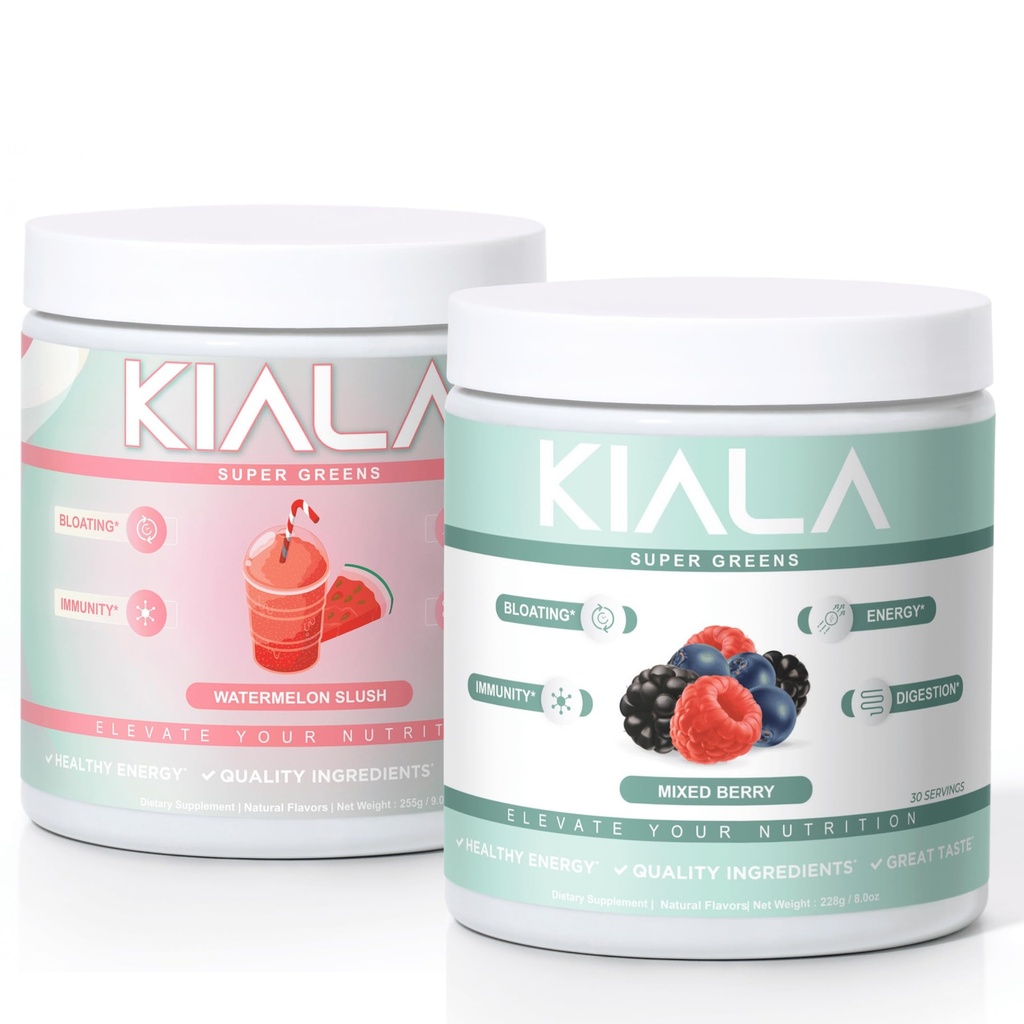 Διατροφή Kiala Super Greens, Βιολογικά Πράσινα Σκόνη, Spirulina & Chlorella Superfood Σκόνη, Ζάχαρη & Γλουτένη Χωρίς Vegan, Spectra Blend, Καρπούζι & Μικτό Berry 2 Pack