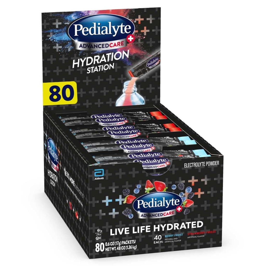 Pedialyte AdvancedCare Plus Ηλεκτρολυτική Σκόνη, Έχει 33% Περισσότερα Ηλεκτρολύτες και PreActiv Προβιοτικά, Ποικιλία Σταθμού Ενυδάτωσης, 80 Πακέτα Σκόνης