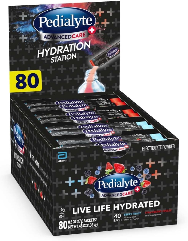 Pedialyte AdvancedCare Plus Electrolyte Powder, Has 33% More Electrolytes and PreActiv Prebiotics, Hydration Station Variety, 80 Powder Packets