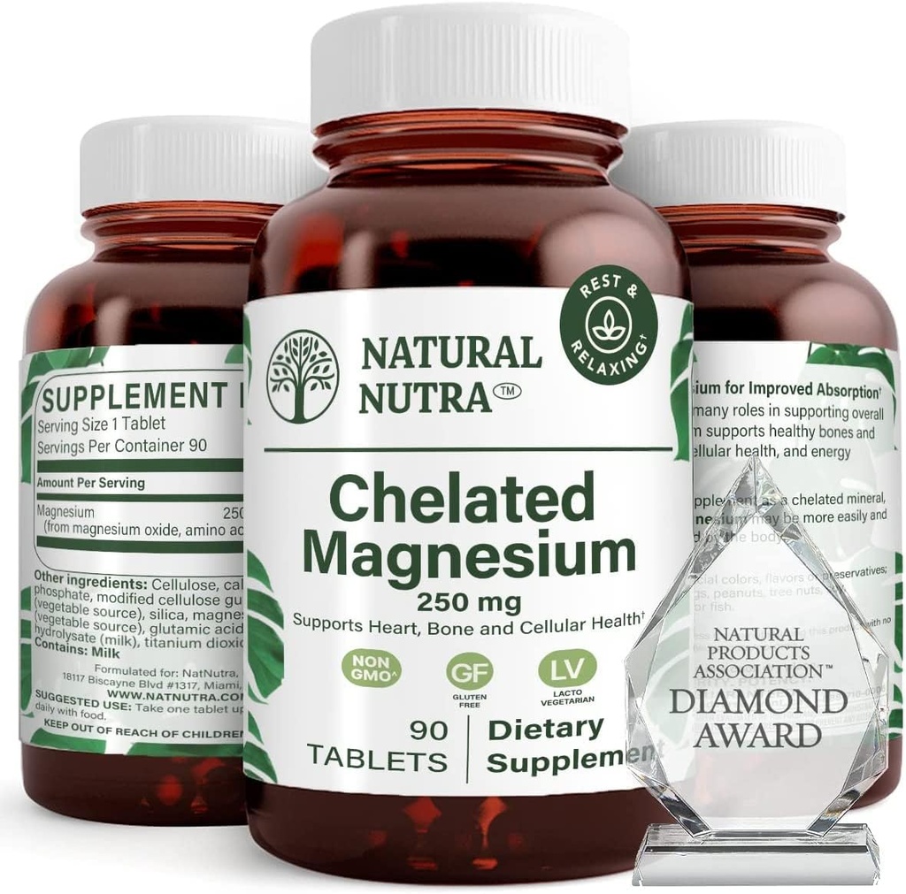 Natural Nutra Chelated Magnesium Oxide 250 mg - Υψηλή Απορρόφηση για τα ισχυρά οστά, την υγεία της καρδιάς, την ενίσχυση της ενέργειας, χωρίς γλουτένη, χωρίς GMO, 90 δισκία (3 συσκευασία) σε BPA-free ανακυκλώσιμα γυάλινα μπουκάλια