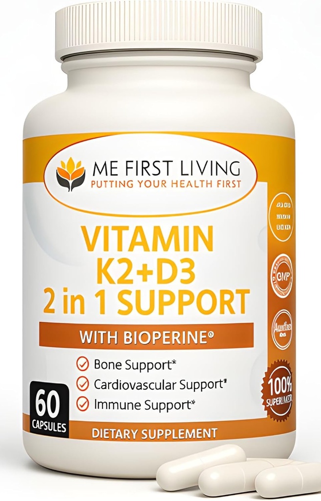 Me First Living Vitamin D3 K2 συμπλήρωμα Οστική και καρδιακή υγεία Μη ΓΤΟ Φόρμουλα 125 MCG Βιταμίνη D3 & 100 MCG Βιταμίνη K2 MK-7 Εύκολο στην κατάποση Βιταμίνη D & K Complex με ασβέστιο