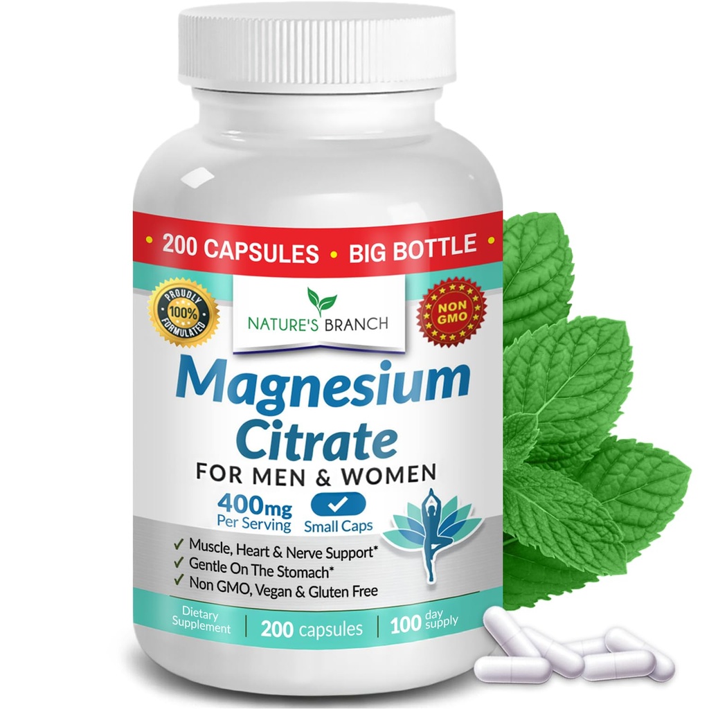 Magnesium Citrate 400mg | 200 Capsules, High Absorption for Sleep, Relax, Leg Cramps, Energy, Extra Strength Easy to Swallow Small Pills for Women & Men, Vegan Supplement for Digestion, Not Tablets