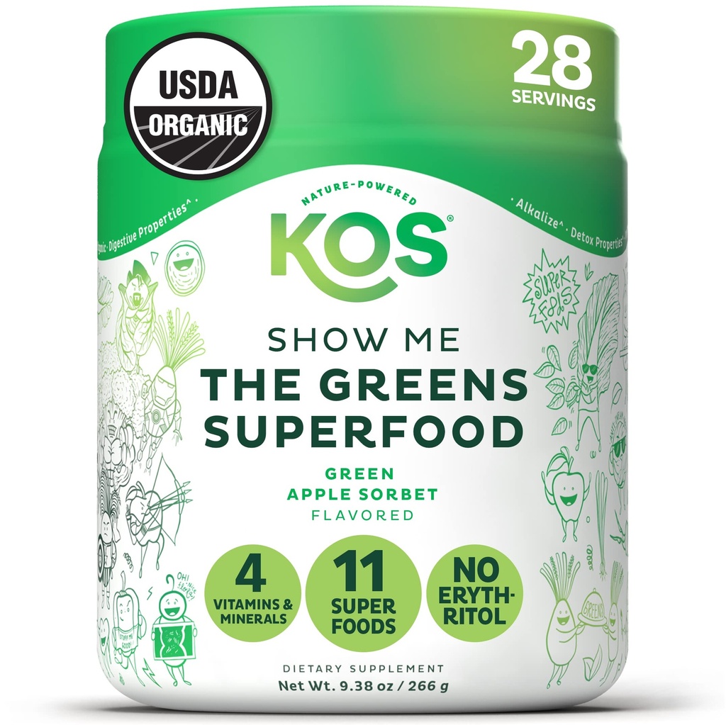 KOS Organic Super Greens Powder Erythritol Free - Plant Based Superfood Blend with Spirulina, Chlorella & Wheatgrass - USDA Certified Organic, Green Juice Smoothie - Apple Flavor - 28 Μερίδες