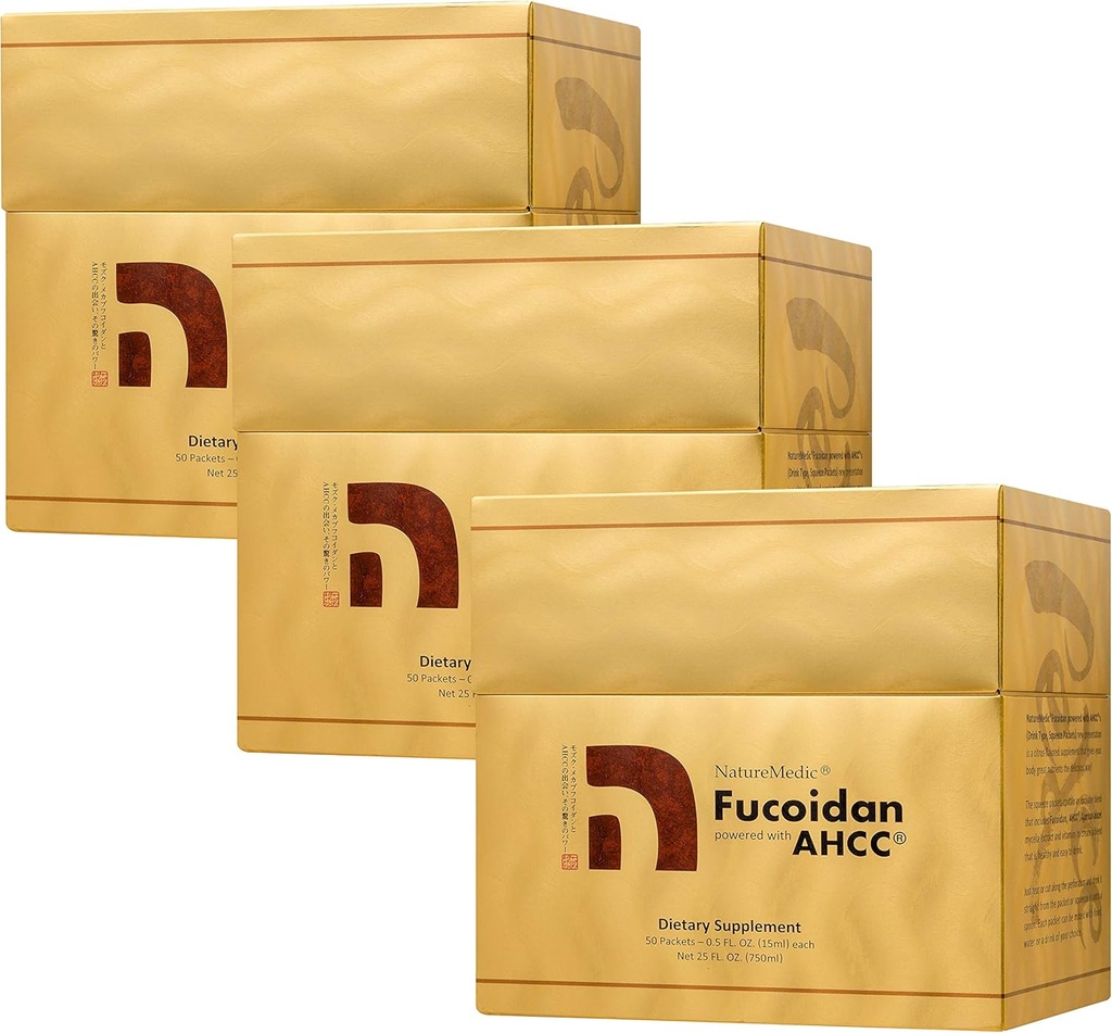 Fucoidan Powered with AHCC® Brown Seaweed Immunity Supplement with High Purity Organic Mekabu Mozuku Agaricus 50 συμπυκνωμένα πακέτα υγρού εκχυλίσματος/box Made in Japan (3 Boxes)