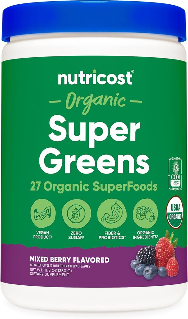 Nutricost Organic Super Greens Powder (30 μερίδες) Μεικτό άρωμα μούρου - Superfood συμπλήρωμα ποτό Mix