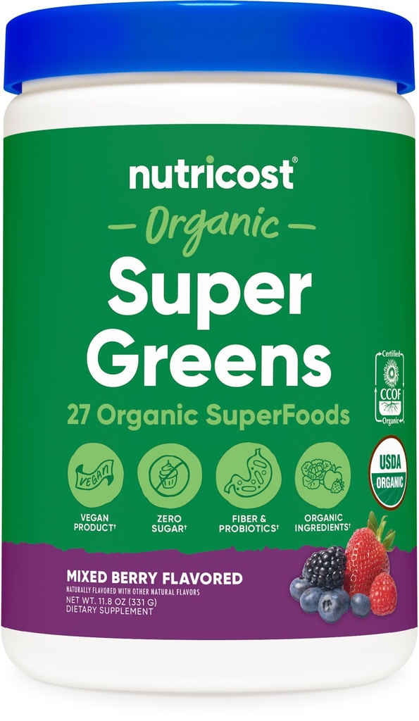 Nutricost Organic Super Greens Powder (30 μερίδες) Μεικτό άρωμα μούρου - Superfood συμπλήρωμα ποτό Mix