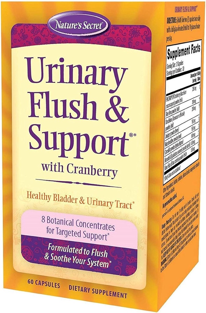 Nature's Secret Urinary Flush & Support with Cranberry Promotes Healthy Bladder & Urinary Tract - 8 Botanical Concentrate Blends to Flush & Soothe - Healthy Elimination & Detoxification - 60 Capsules