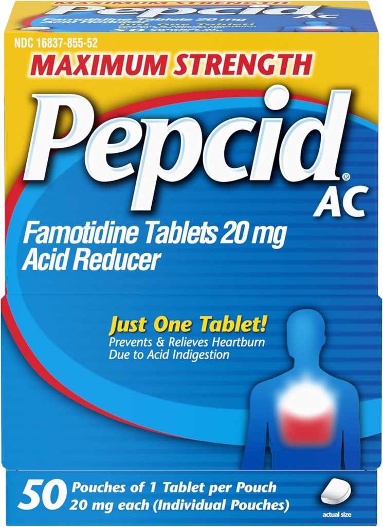 Pepcid AC Maximum Strength Heartburn Relief Tablets, OTC Medicine Αποτρέπει & Ανακουφίζει Heartburn & Acid Reflux Λόγω της οξείας δυσπεψίας, 20mg Famotidine Acid Reducer, ταχείας δράσης, 1 x 50 ct