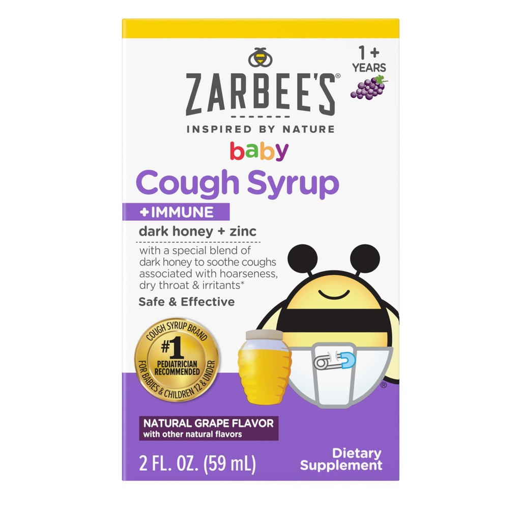 Zarbee's Baby Honey Cough Syrup + Ανοσοποιητικό για μωρά 12-24 Μήνες, Ασφαλές & Αποτελεσματικό Σιρόπι Βήχας με Καταπραϋντικό Σκοτεινό Μέλι & Ψευδάργυρο για Ανοσοποιητική Υποστήριξη*, Ναρκωτικά & Αλκοόλ-ελεύθερο, Σταφύλι, 2 fl. Oz
