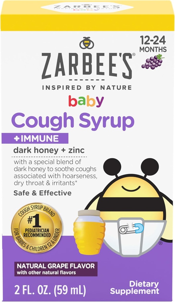 Zarbee's Baby Honey Cough Syrup + Immune for Babies 12-24 Months, Safe & Effective Cough Syrup with Soothing Dark Honey & Zinc for Immune Support*, Drug & Alcohol-Free, Grape, 2 fl. Oz