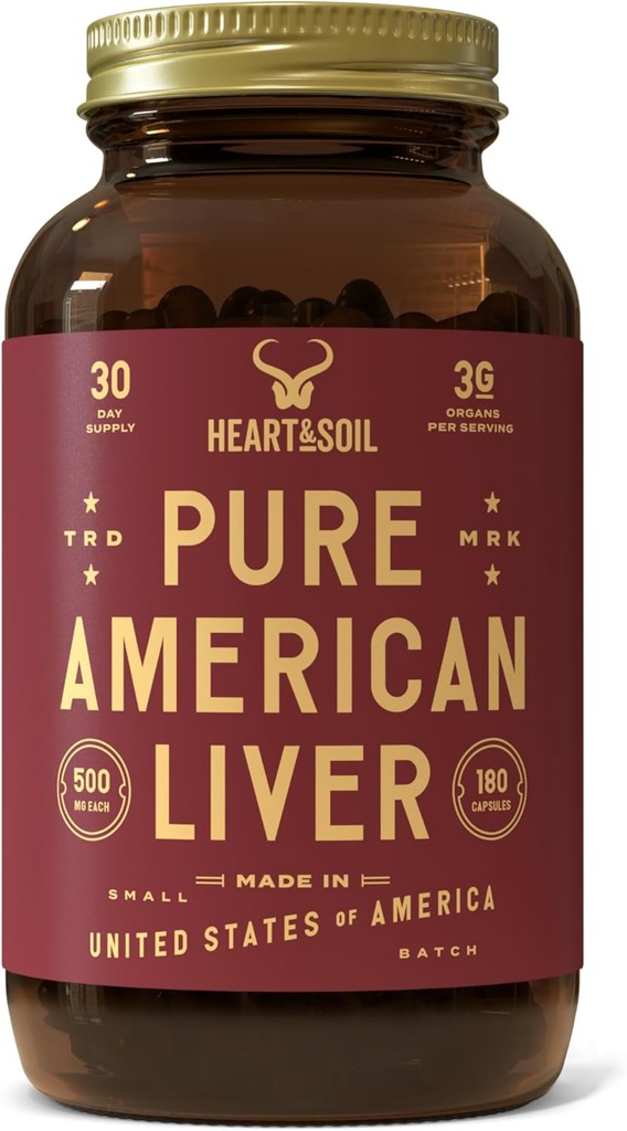Heart & SOIL – American Liver Supplement – 3000mg Gras-Fed Beef Liver, πλούσιο σε βιταμίνη Α, Β12, Iron & Peptides – Μη ΓΤΟ, αλλεργιογόνο-ελεύθερο – 180 κάψουλες