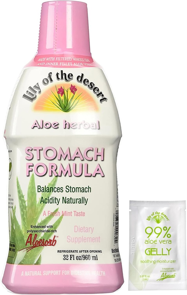 Lily of The Desert Stomach Formula, Organic Aloe Vera Juice with Slippery Elm, Chamomile, Peppermint, and Ginger for Gut Health, Acid Reflux, Heartburn Relief, 32 Oz, Gelly Sachet περιλαμβάνονται.