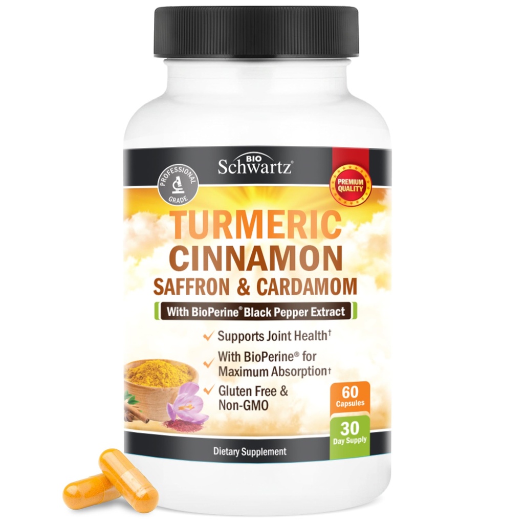 Turmeric συμπλήρωμα με Saffron, κανέλα και Cardamom Plus BioPerine Black Pepper Extract για βέλτιστη απορρόφηση, φυσικό Tumeric Curcumin κοινό συμπλήρωμα υποστήριξης για γυναίκες και άνδρες, 60 κάψουλες